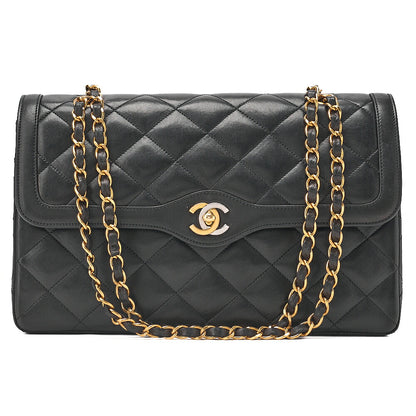 CHANEL Lambskin Matelasse 27cm Paris Limited Double Flap Shoulder Bag Black Gold-Tone Hardware, Pre-Owned