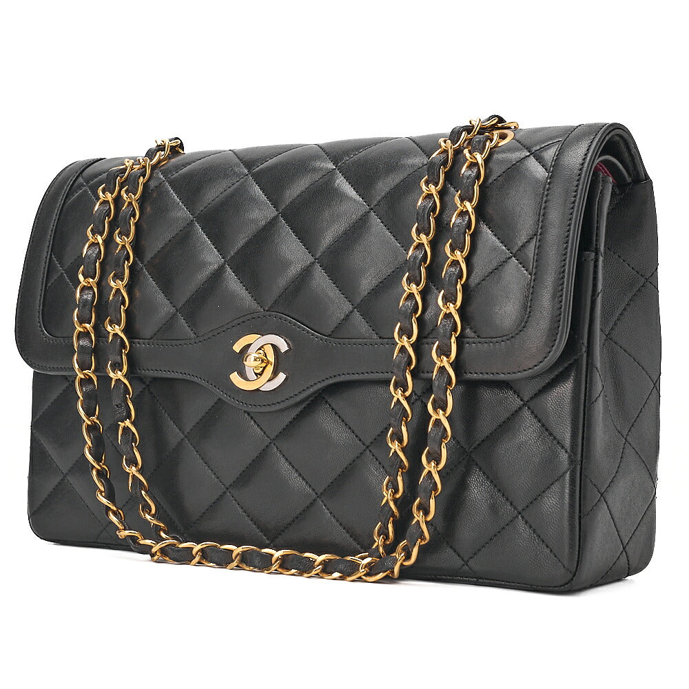 CHANEL Lambskin Matelasse 27cm Paris Limited Double Flap Shoulder Bag Black Gold-Tone Hardware, Pre-Owned