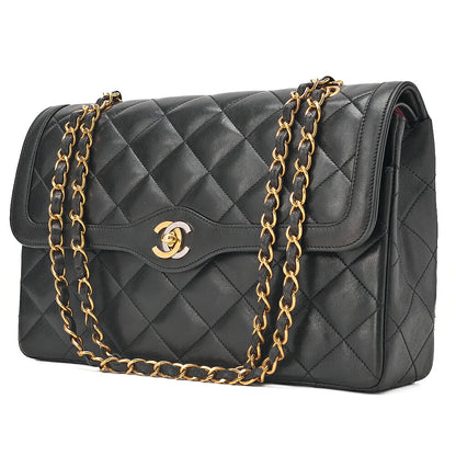 CHANEL Lambskin Matelasse 27cm Paris Limited Double Flap Shoulder Bag Black Gold-Tone Hardware, Pre-Owned