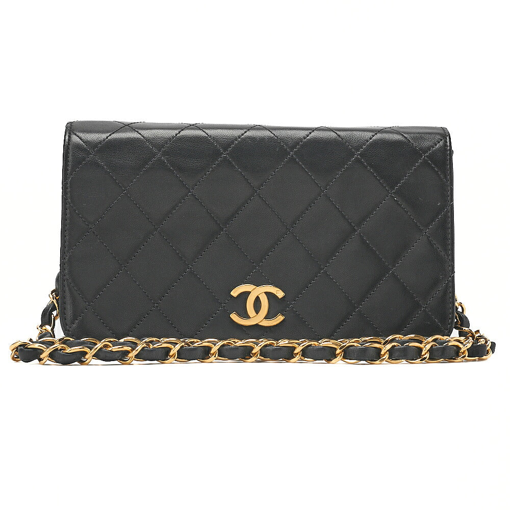 CHANEL Lambskin Matelasse Full Flap 19cm Push Lock Chain Shoulder Black Gold-Tone Hardware, Pre-Owned
