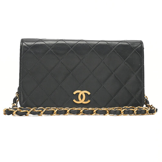 CHANEL Lambskin Matelasse Full Flap 19cm Push Lock Chain Shoulder Black Gold-Tone Hardware, Pre-Owned