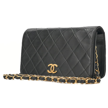CHANEL Lambskin Matelasse Full Flap 19cm Push Lock Chain Shoulder Black Gold-Tone Hardware, Pre-Owned