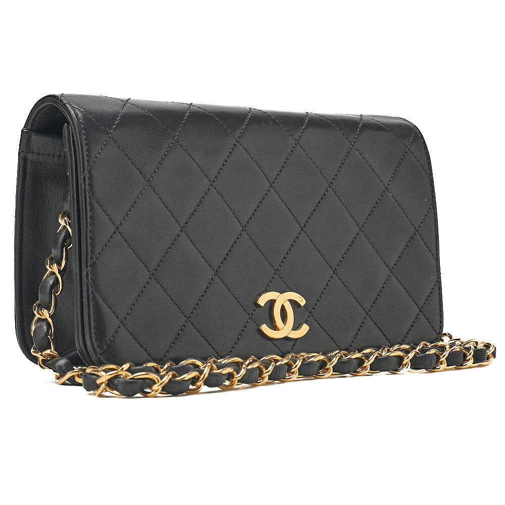 CHANEL Lambskin Matelasse Full Flap 19cm Push Lock Chain Shoulder Black Gold-Tone Hardware, Pre-Owned
