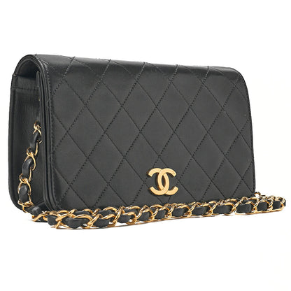 CHANEL Lambskin Matelasse Full Flap 19cm Push Lock Chain Shoulder Black Gold-Tone Hardware, Pre-Owned