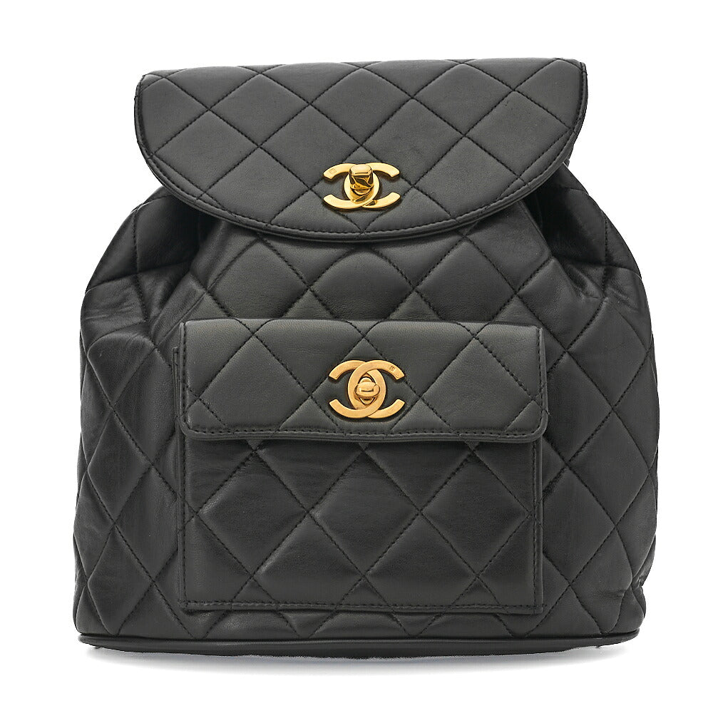 CHANEL Chanel Matelasse Double Turn Lock Chain Backpack Lambskin Black Gold-Tone Hardware, Pre-Owned