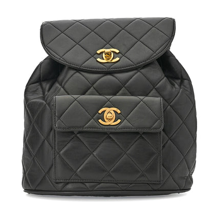 CHANEL Chanel Matelasse Double Turn Lock Chain Backpack Lambskin Black Gold-Tone Hardware, Pre-Owned