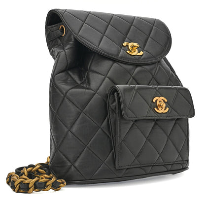 CHANEL Chanel Matelasse Double Turn Lock Chain Backpack Lambskin Black Gold-Tone Hardware, Pre-Owned