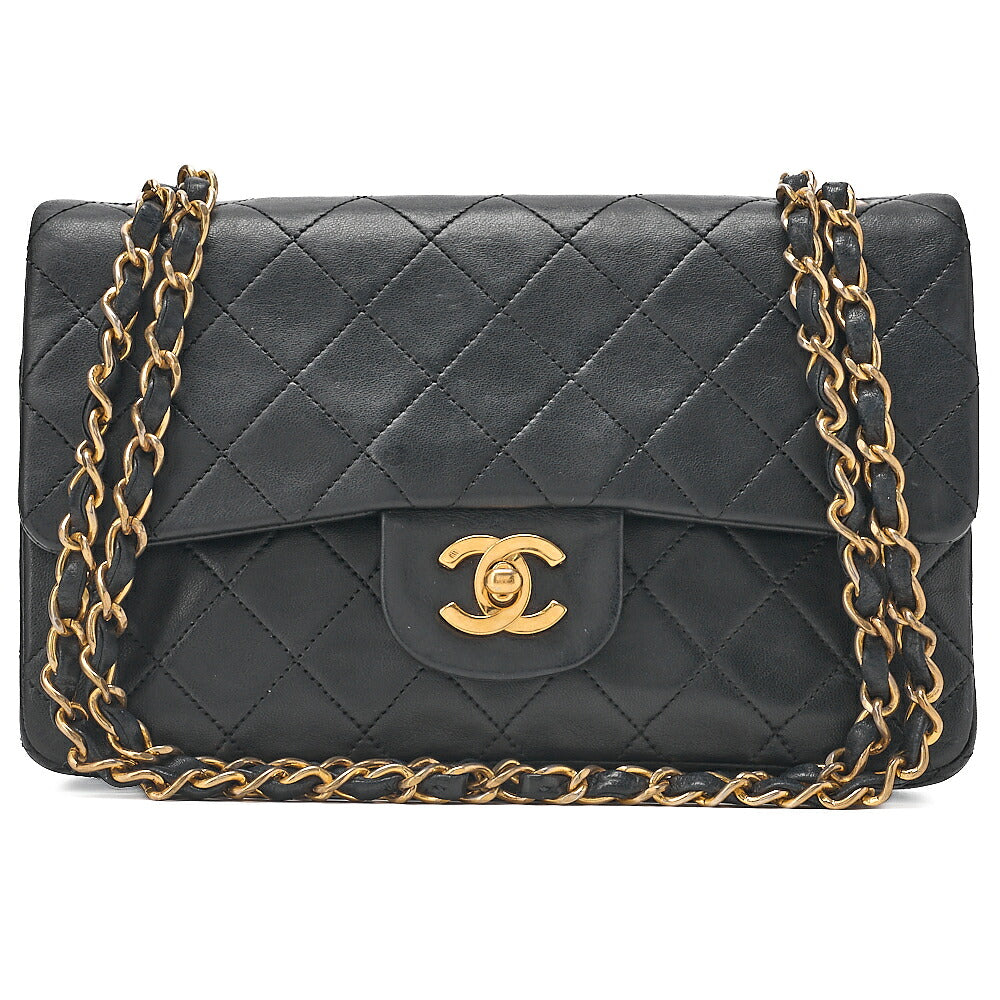CHANEL Matelasse 23cm Double Flap Chain Shoulder Bag Lambskin Black Gold-Tone Hardware, Pre-Owned