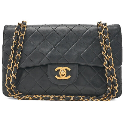 CHANEL Matelasse 23cm Double Flap Chain Shoulder Bag Lambskin Black Gold-Tone Hardware, Pre-Owned
