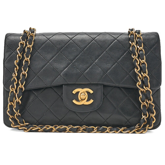 CHANEL Matelasse 23cm Double Flap Chain Shoulder Bag Lambskin Black Gold-Tone Hardware, Pre-Owned