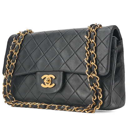 CHANEL Matelasse 23cm Double Flap Chain Shoulder Bag Lambskin Black Gold-Tone Hardware, Pre-Owned