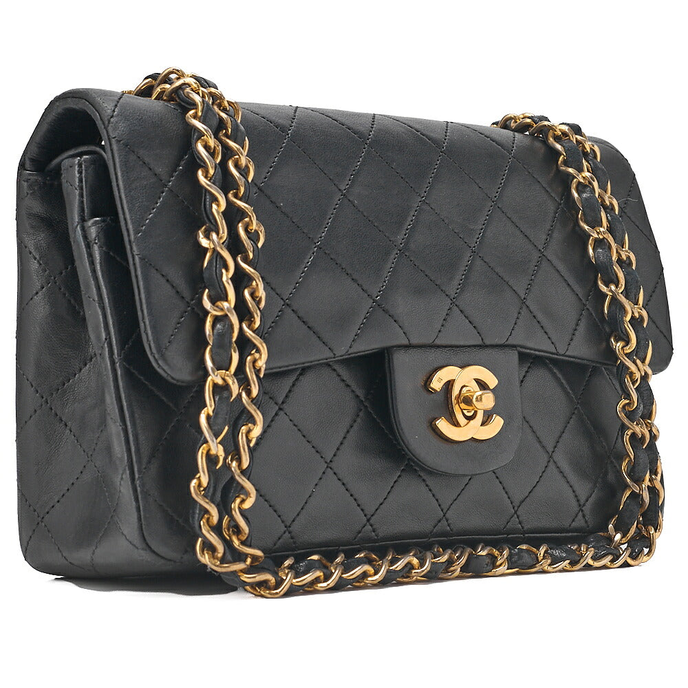CHANEL Matelasse 23cm Double Flap Chain Shoulder Bag Lambskin Black Gold-Tone Hardware, Pre-Owned
