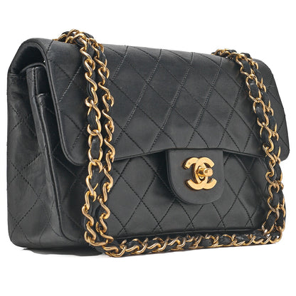 CHANEL Matelasse 23cm Double Flap Chain Shoulder Bag Lambskin Black Gold-Tone Hardware, Pre-Owned