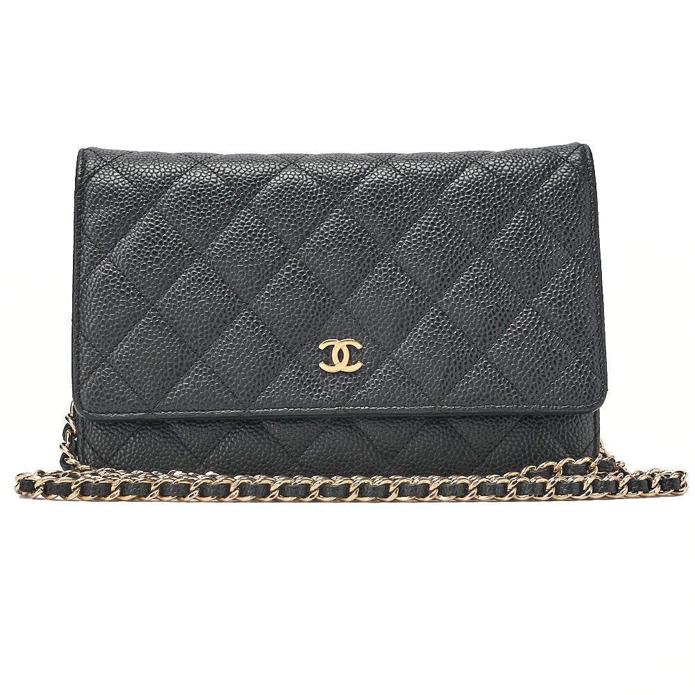 CHANEL Caviar Skin Matelasse Chain Wallet Black Gold-Tone Hardware, Pre-Owned