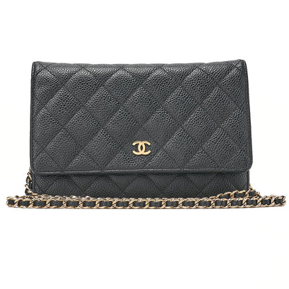 CHANEL Caviar Skin Matelasse Chain Wallet Black Gold-Tone Hardware, Pre-Owned