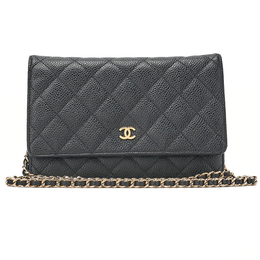 CHANEL Caviar Skin Matelasse Chain Wallet Black Gold-Tone Hardware, Pre-Owned