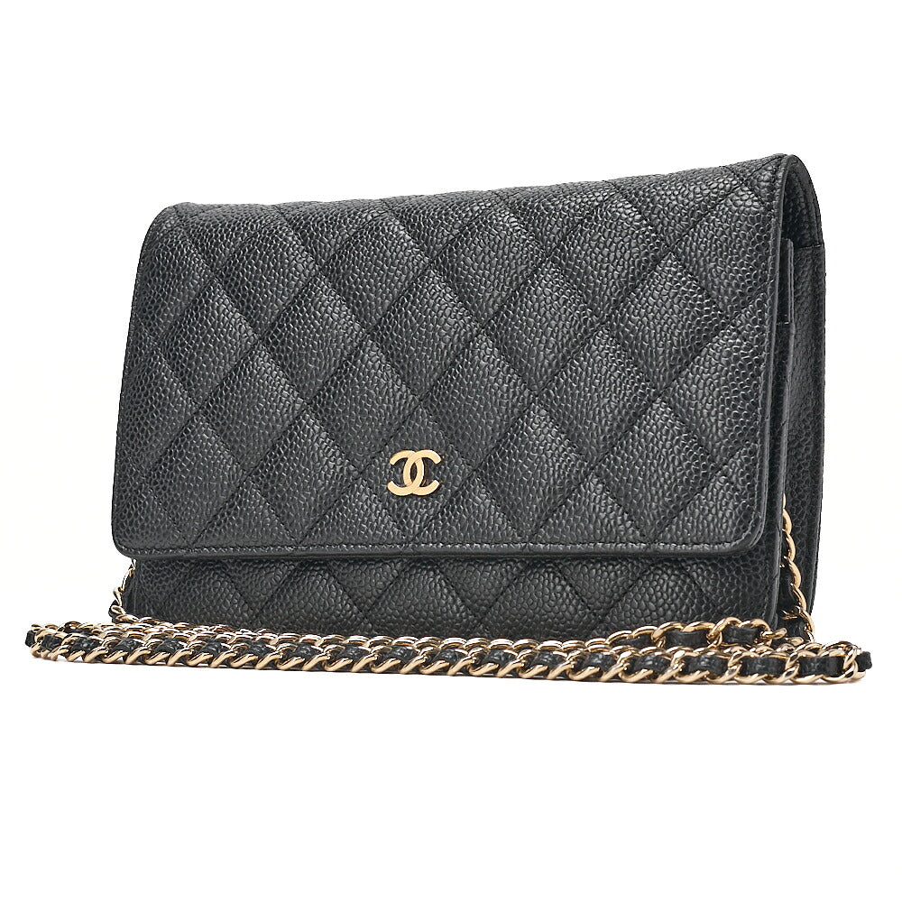 CHANEL Caviar Skin Matelasse Chain Wallet Black Gold-Tone Hardware, Pre-Owned