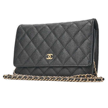 CHANEL Caviar Skin Matelasse Chain Wallet Black Gold-Tone Hardware, Pre-Owned
