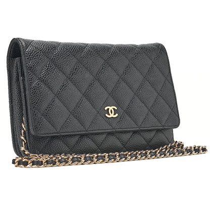 CHANEL Caviar Skin Matelasse Chain Wallet Black Gold-Tone Hardware, Pre-Owned