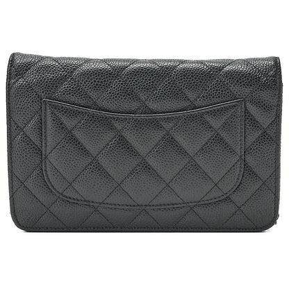 CHANEL Caviar Skin Matelasse Chain Wallet Black Gold-Tone Hardware, Pre-Owned