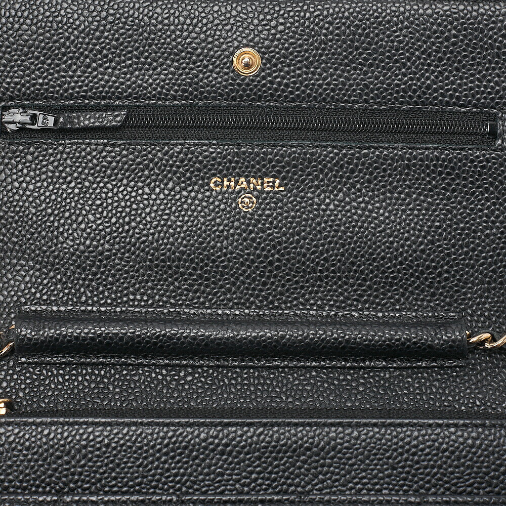 CHANEL Caviar Skin Matelasse Chain Wallet Black Gold-Tone Hardware, Pre-Owned