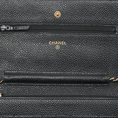 CHANEL Caviar Skin Matelasse Chain Wallet Black Gold-Tone Hardware, Pre-Owned