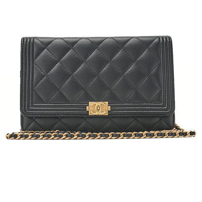 CHANEL Boy Chanel Matelasse Chain Wallet Lambskin Black Gold-Tone Hardware, Pre-Owned