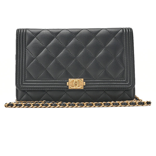 CHANEL Boy Chanel Matelasse Chain Wallet Lambskin Black Gold-Tone Hardware, Pre-Owned