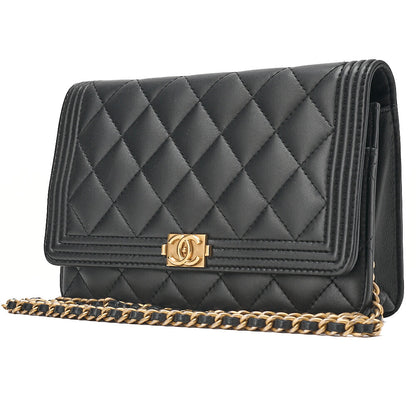 CHANEL Boy Chanel Matelasse Chain Wallet Lambskin Black Gold-Tone Hardware, Pre-Owned