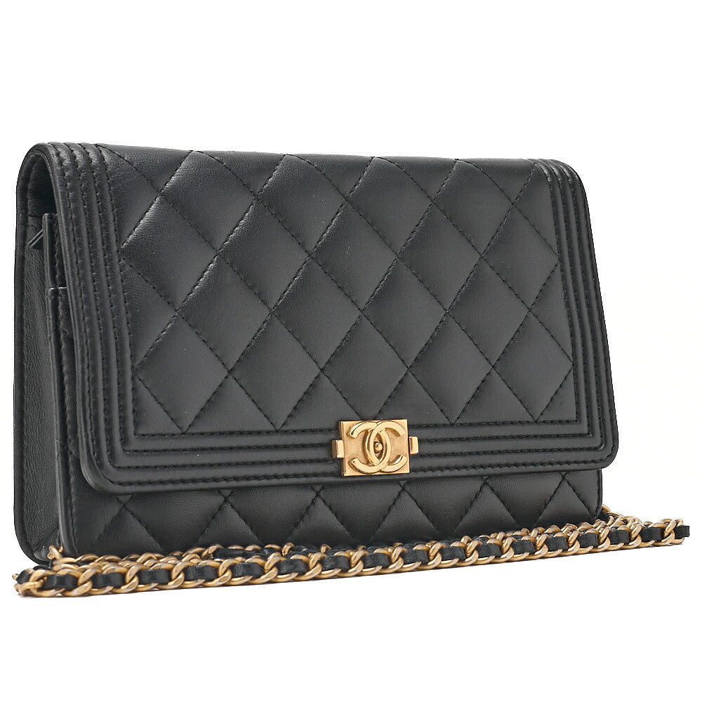 CHANEL Boy Chanel Matelasse Chain Wallet Lambskin Black Gold-Tone Hardware, Pre-Owned
