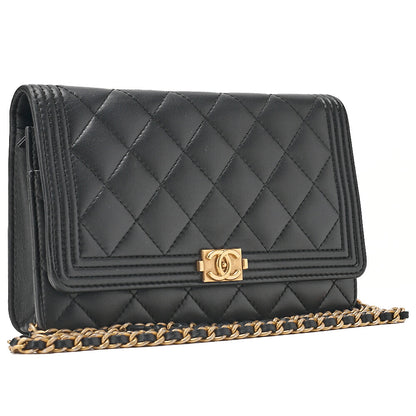 CHANEL Boy Chanel Matelasse Chain Wallet Lambskin Black Gold-Tone Hardware, Pre-Owned