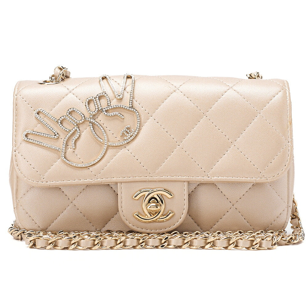 CHANEL Lambskin Minimat Telass? Peace Sign Motif Single Flap Chain Shoulder Gold Gold-Tone Hardware, Pre-Owned