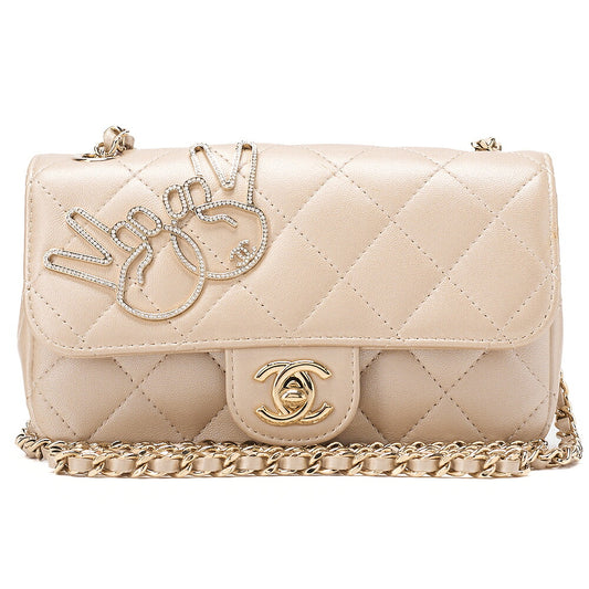CHANEL Lambskin Minimat Telass? Peace Sign Motif Single Flap Chain Shoulder Gold Gold-Tone Hardware, Pre-Owned