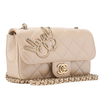 CHANEL Lambskin Minimat Telass? Peace Sign Motif Single Flap Chain Shoulder Gold Gold-Tone Hardware, Pre-Owned