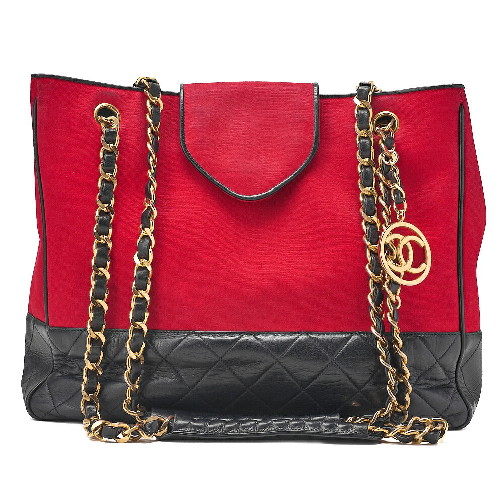 CHANEL Canvas x Lambskin Circle Charm Chain Shoulder Bag Red x Navy Gold-Tone Hardware, Pre-Owned