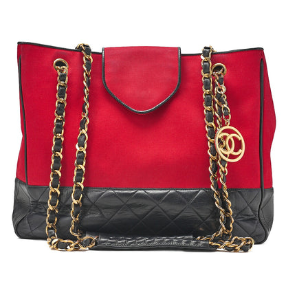 CHANEL Canvas x Lambskin Circle Charm Chain Shoulder Bag Red x Navy Gold-Tone Hardware, Pre-Owned