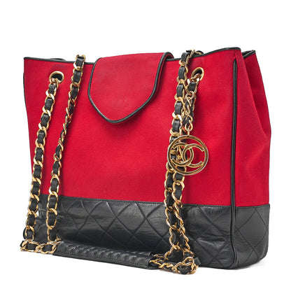 CHANEL Canvas x Lambskin Circle Charm Chain Shoulder Bag Red x Navy Gold-Tone Hardware, Pre-Owned