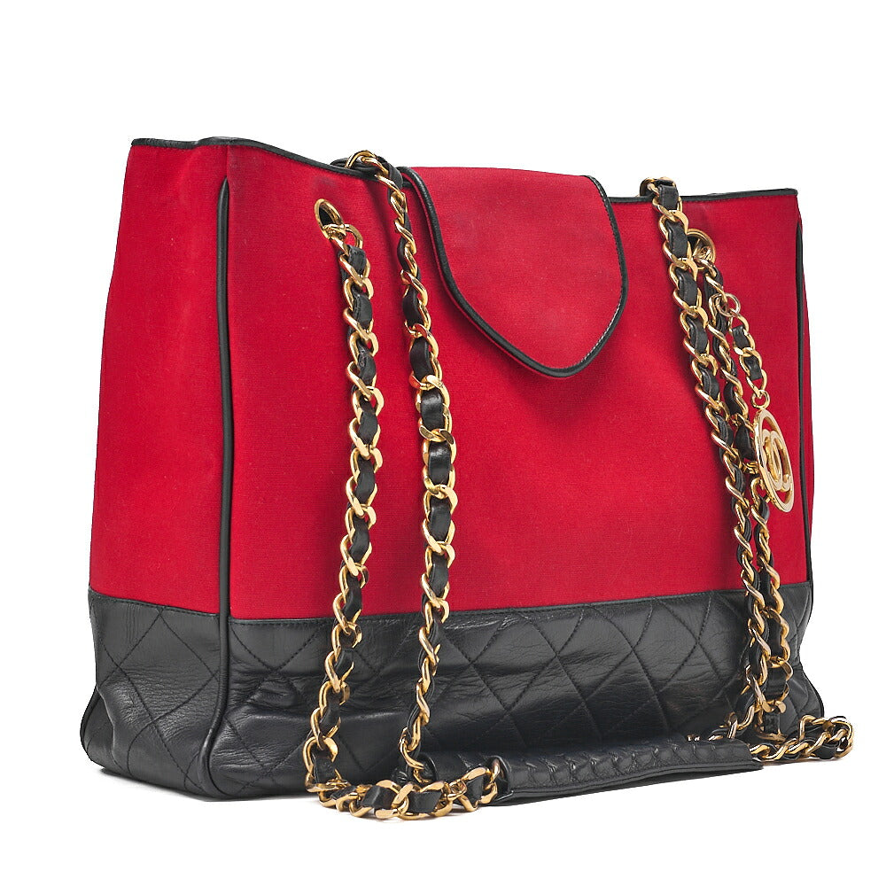 CHANEL Canvas x Lambskin Circle Charm Chain Shoulder Bag Red x Navy Gold-Tone Hardware, Pre-Owned