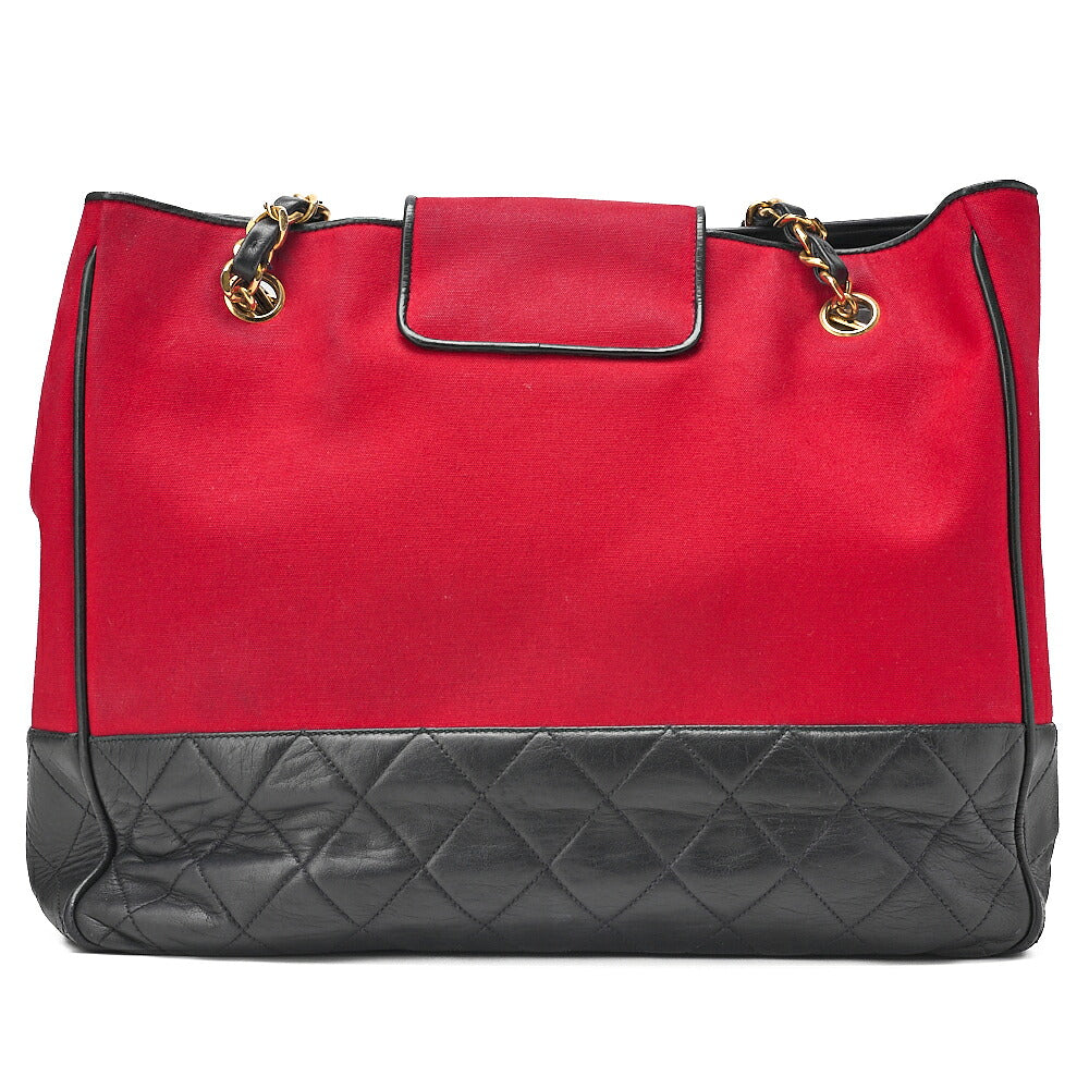 CHANEL Canvas x Lambskin Circle Charm Chain Shoulder Bag Red x Navy Gold-Tone Hardware, Pre-Owned