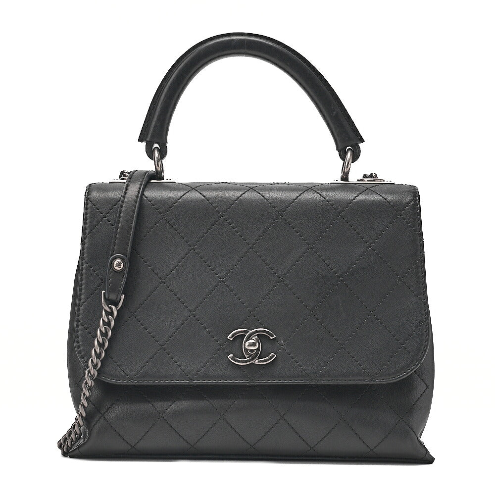 CHANEL Calfskin Matelasse Turn Lock Single 2-Way Chain Shoulder Black Silver-Tone Hardware, Pre-Owned