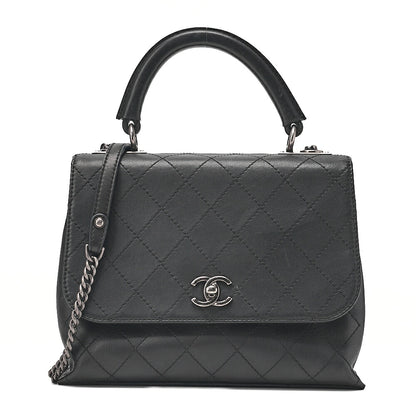 CHANEL Calfskin Matelasse Turn Lock Single 2-Way Chain Shoulder Black Silver-Tone Hardware, Pre-Owned