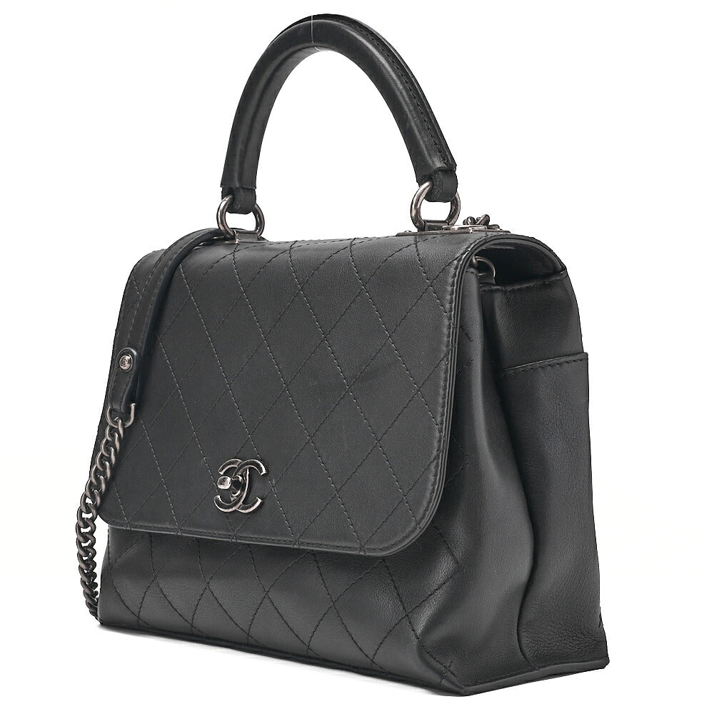 CHANEL Calfskin Matelasse Turn Lock Single 2-Way Chain Shoulder Black Silver-Tone Hardware, Pre-Owned