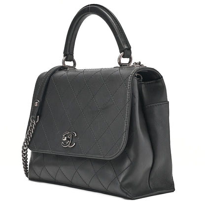 CHANEL Calfskin Matelasse Turn Lock Single 2-Way Chain Shoulder Black Silver-Tone Hardware, Pre-Owned