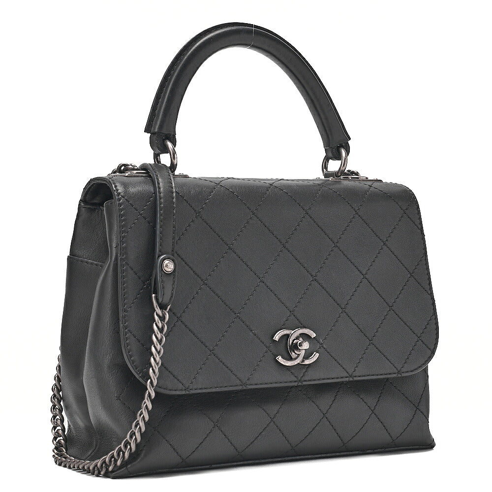 CHANEL Calfskin Matelasse Turn Lock Single 2-Way Chain Shoulder Black Silver-Tone Hardware, Pre-Owned