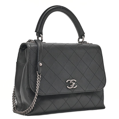 CHANEL Calfskin Matelasse Turn Lock Single 2-Way Chain Shoulder Black Silver-Tone Hardware, Pre-Owned