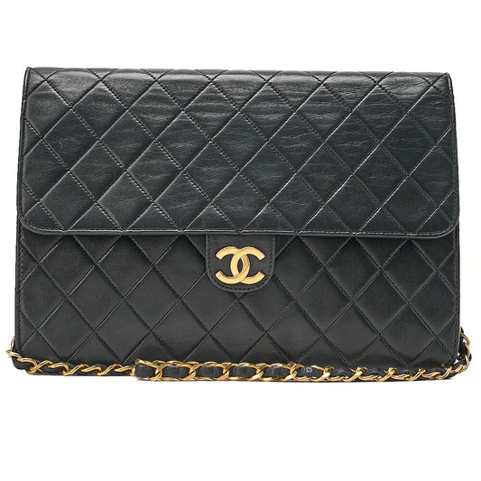 CHANEL Lambskin Matelasse 25cm Push Lock Chain Shoulder Black Gold-Tone Hardware, Pre-Owned