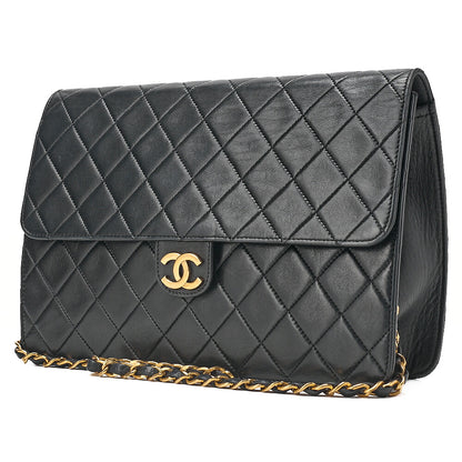 CHANEL Lambskin Matelasse 25cm Push Lock Chain Shoulder Black Gold-Tone Hardware, Pre-Owned