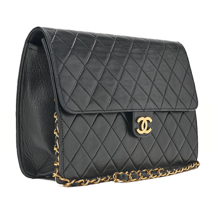 CHANEL Lambskin Matelasse 25cm Push Lock Chain Shoulder Black Gold-Tone Hardware, Pre-Owned