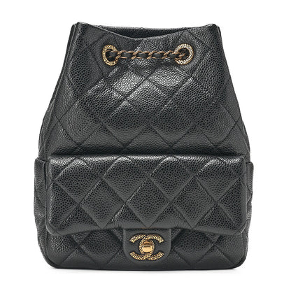 CHANEL Chanel Caviar Skin Drawstring Outside Flap Matelasse Chain Backpack Black Gold-Tone Hardware, Pre-Owned