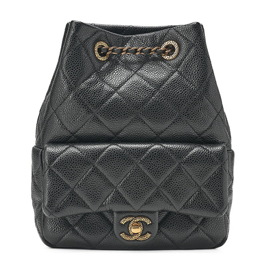CHANEL Chanel Caviar Skin Drawstring Outside Flap Matelasse Chain Backpack Black Gold-Tone Hardware, Pre-Owned